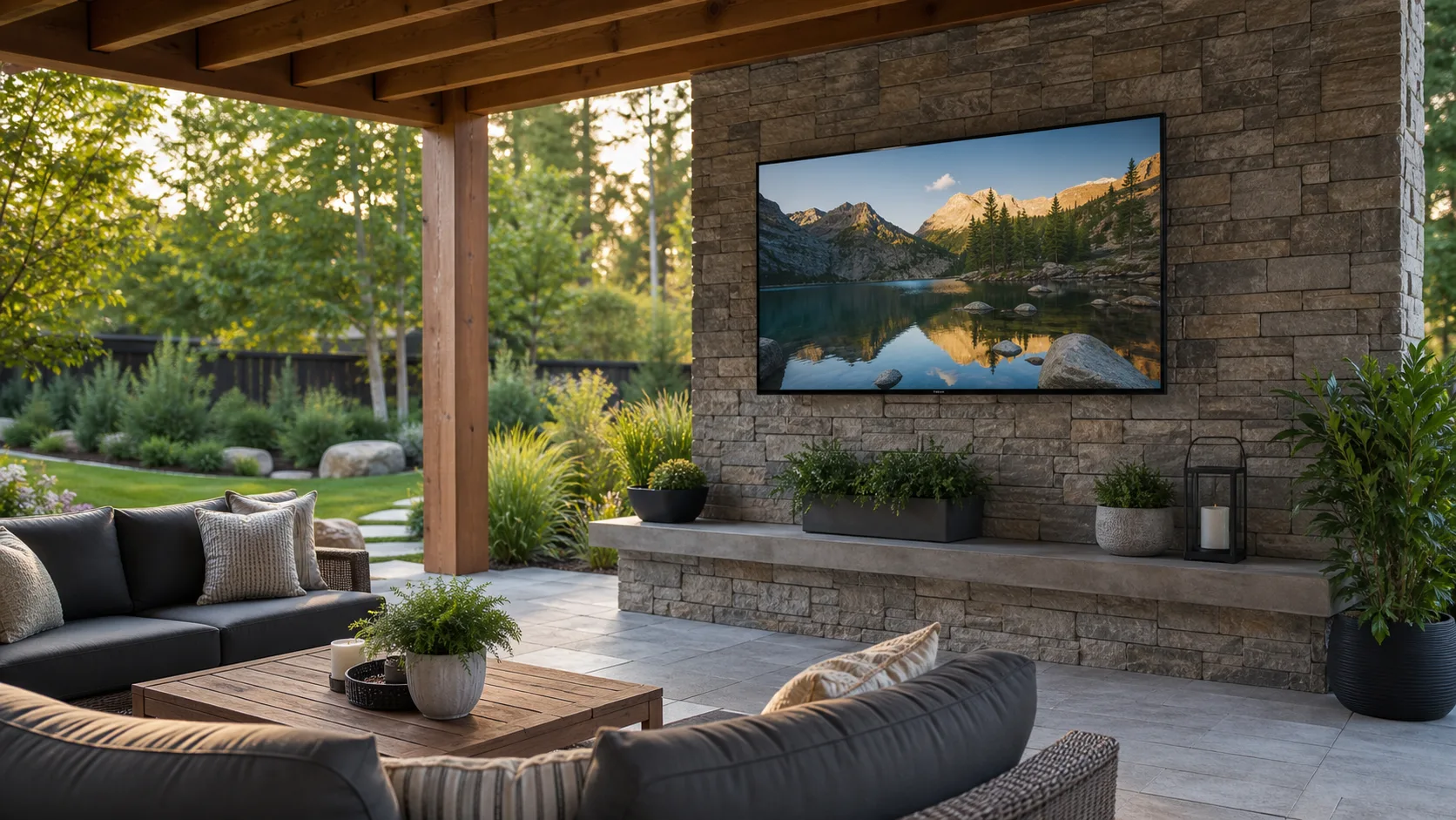 Outdoor television installed on a covered patio