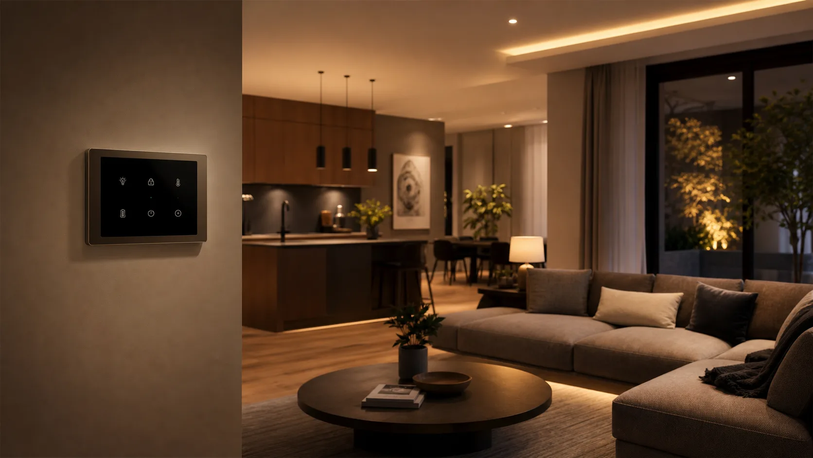 Smart home control panel in a modern living space